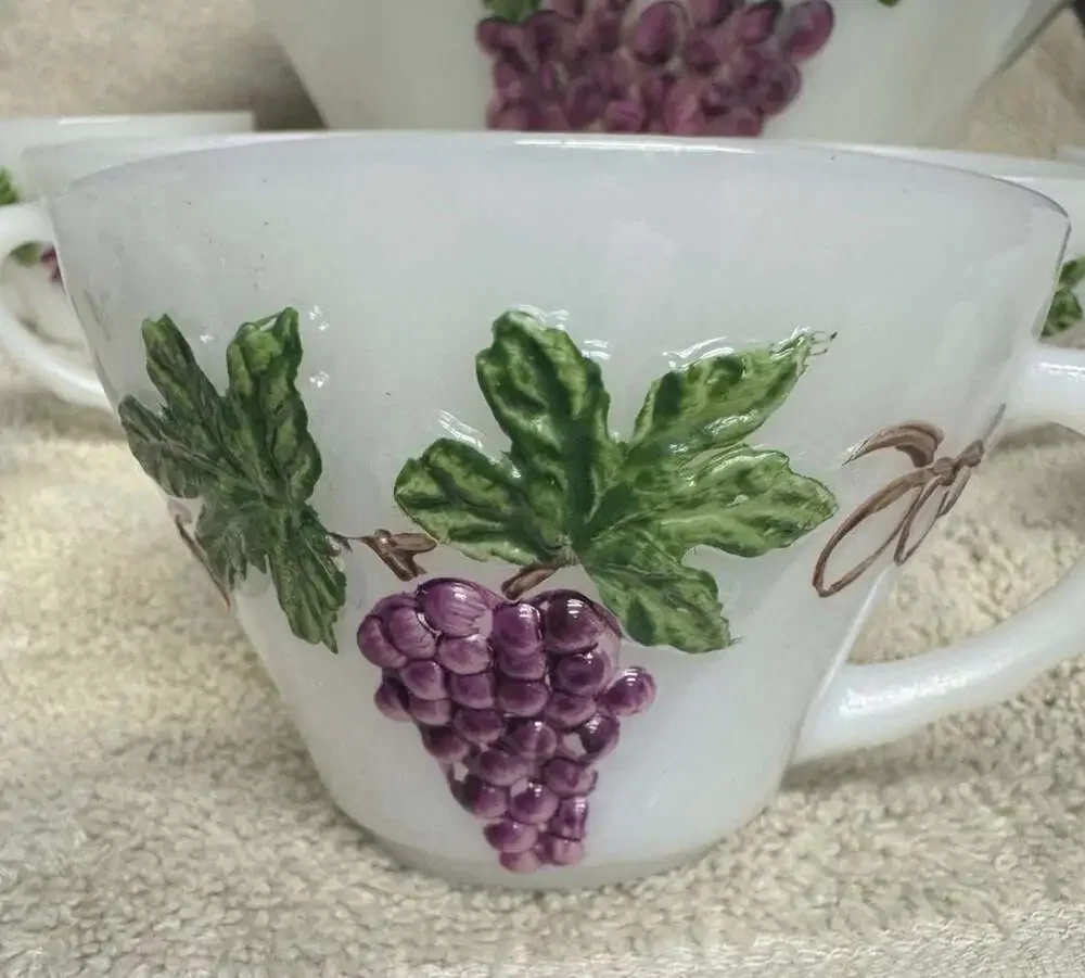 Vintage Anchor Hocking Milk Glass Grapevine Pattern Punch Bowl Set